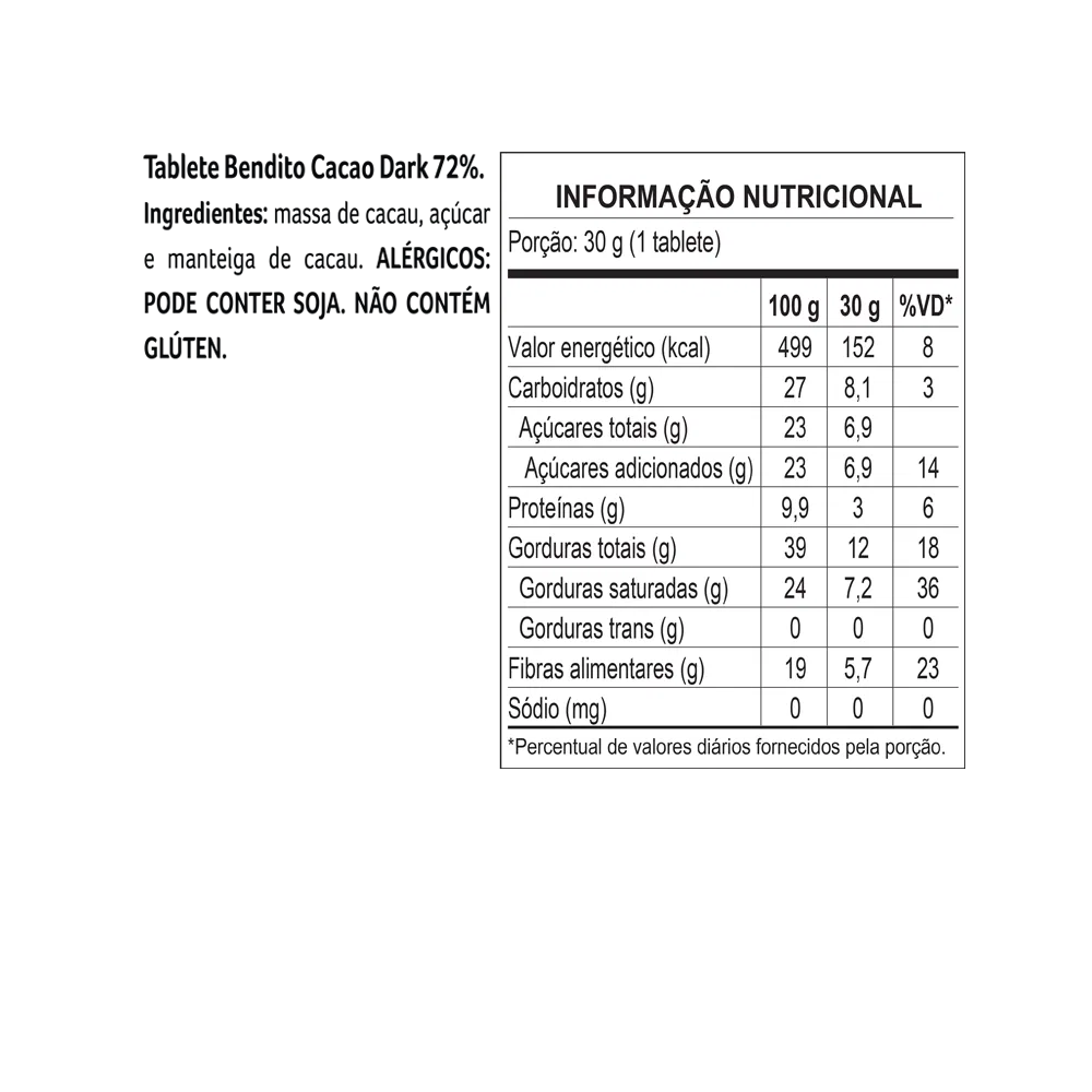 Tablete Bendito Cacao de Chocolate 72% Cacau 30g - foto 2
